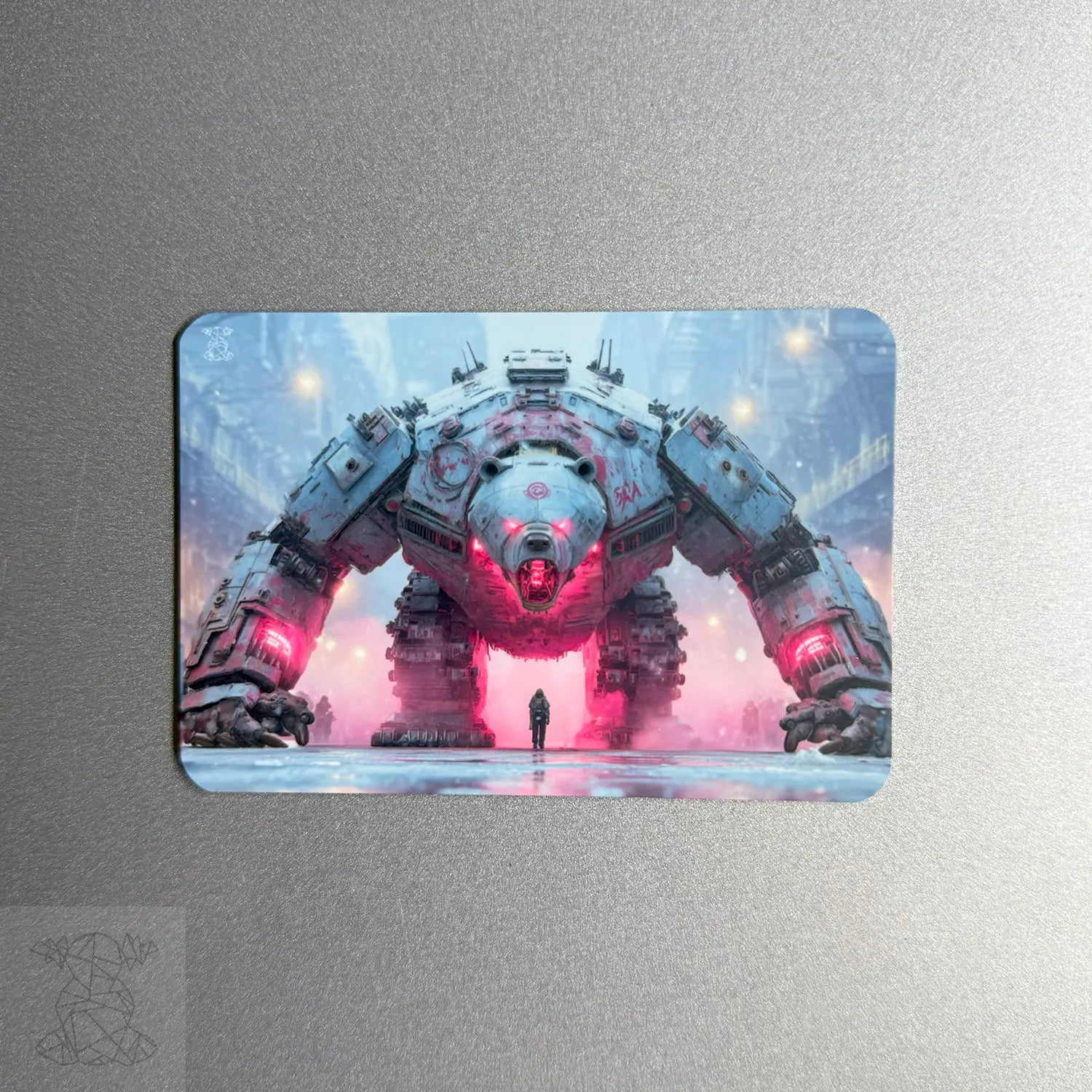 Customizable metal magnet with a sci-fi design of a giant mech robot bear and person in a cyberpunk environment — futuristic and intense.