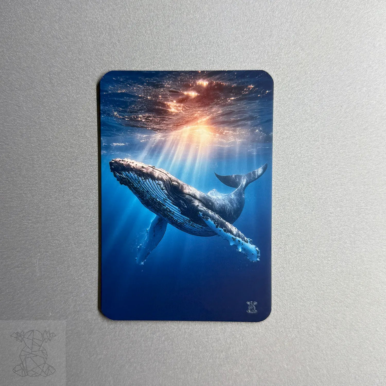 Custom metal magnet showing a whale swimming beneath the ocean surface with light rays shining through — perfect for nature and ocean themes.